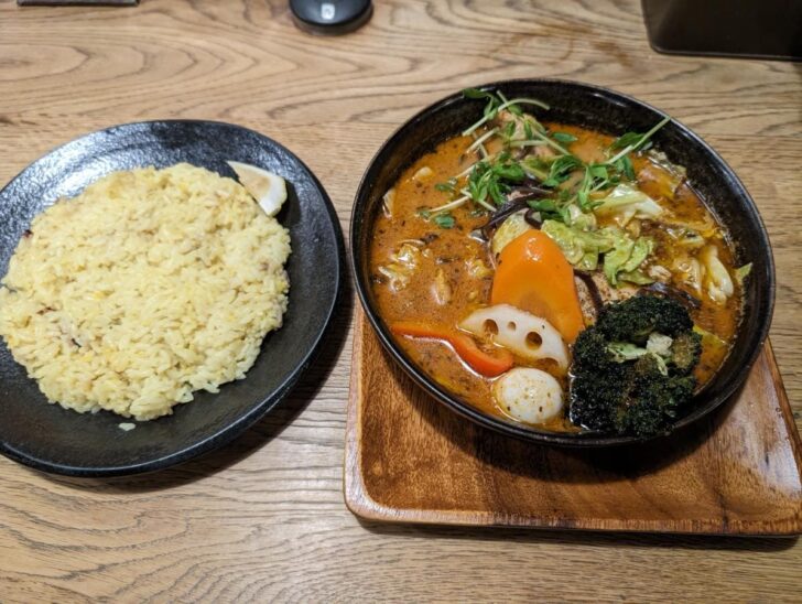 Hearty soup curry with large chunks of ingredients