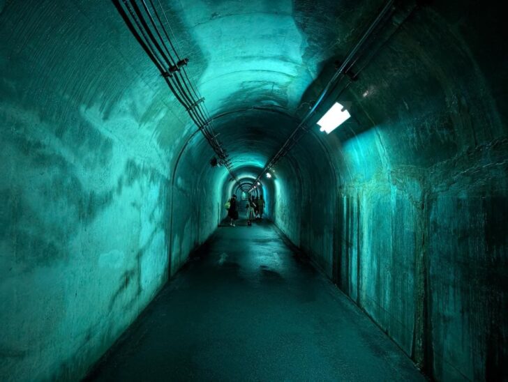 After passing through a tunnel bathed in pale blue light