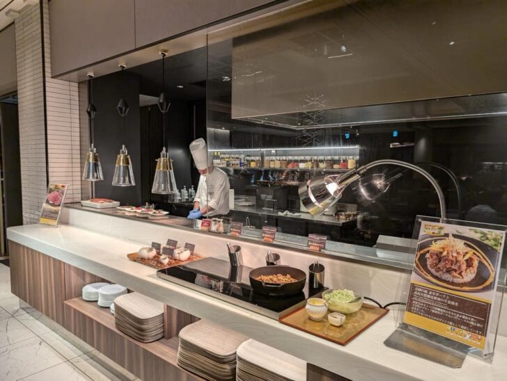 Wide selection of dishes, including freshly made steak and sushi