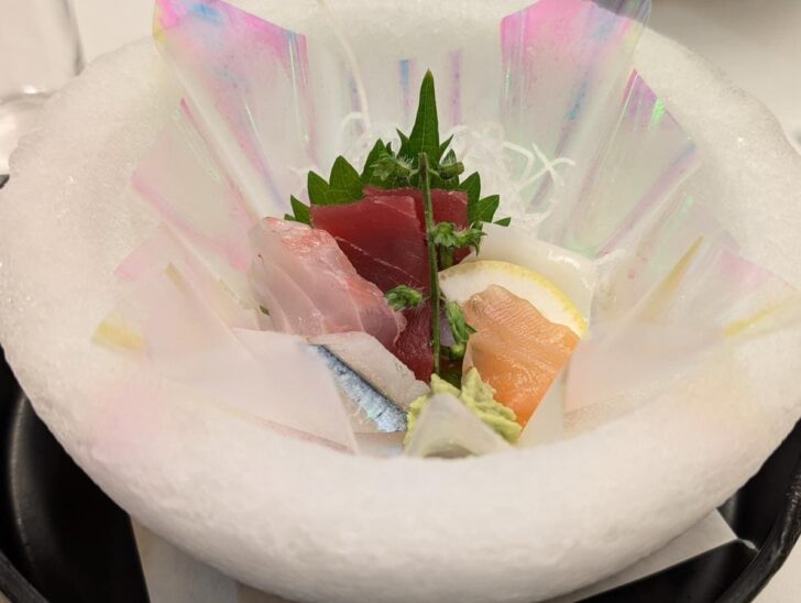 Fresh sashimi featuring natural bigeye tuna, sea bream, and needlefish