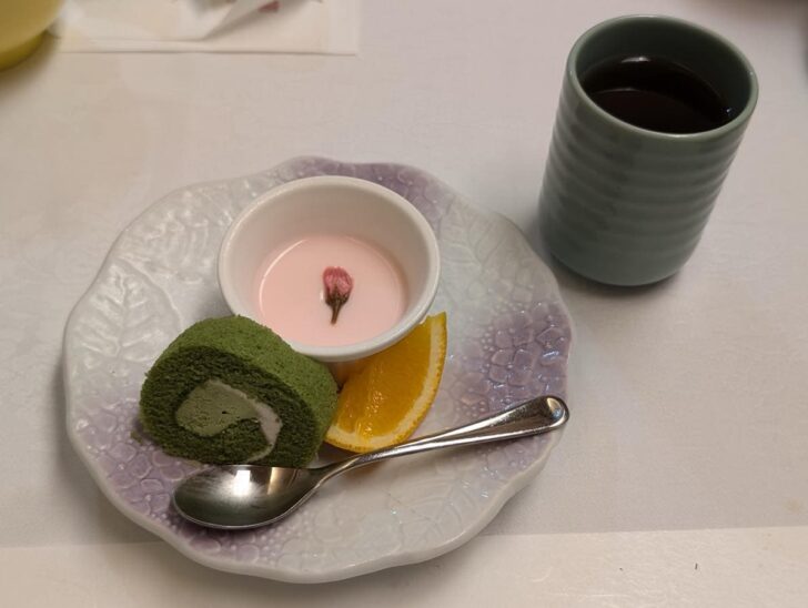 Dessert featuring sakura salted almond jelly, matcha roll cake, and orange slices