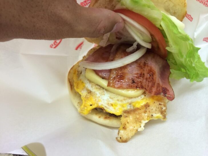 The burger features lettuce, tomato, onion, bacon, thick cheese, an egg, and a small but densely packed patty.