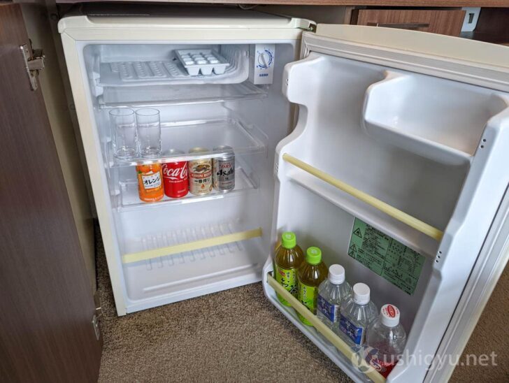 Complimentary drinks in the mini-fridge
