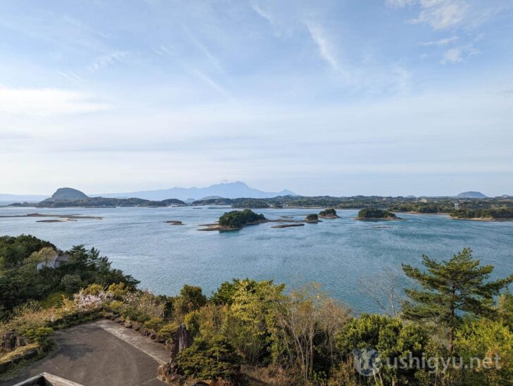 Expansive view of Amakusa islands and the sea from the hilltop location
