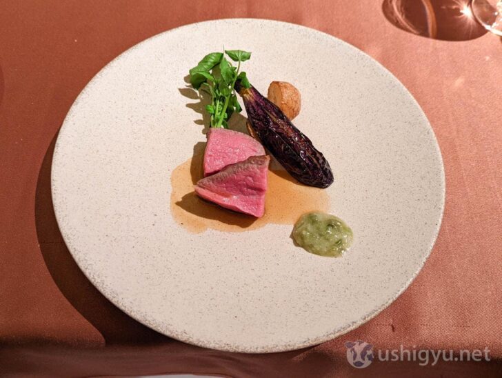 Grilled Kumamoto Wagyu beef with wasabi-infused sauce