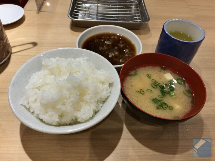 Rice, miso soup, and dipping sauce ready for the tempura feast