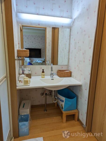 Sink area with Little My wallpaper and Moomin cups