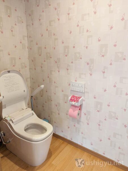 Toilet decorated with Moomin characters, with armrests
