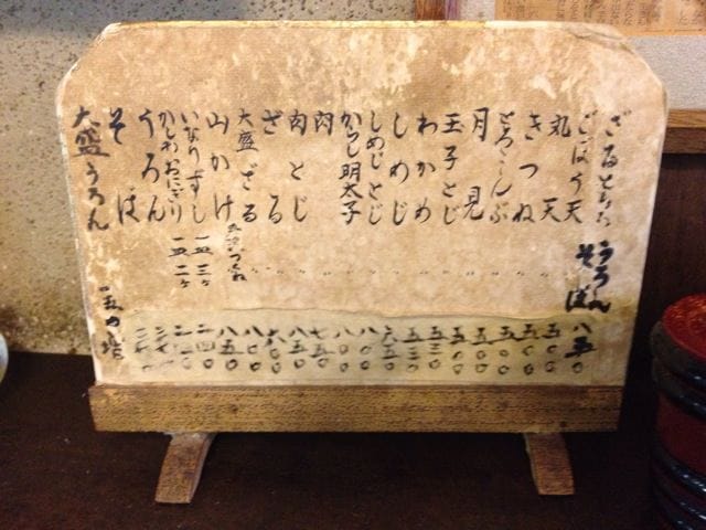 Aged physical menu of the restaurant
