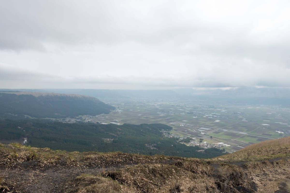 Cloudy skies over Aso caldera