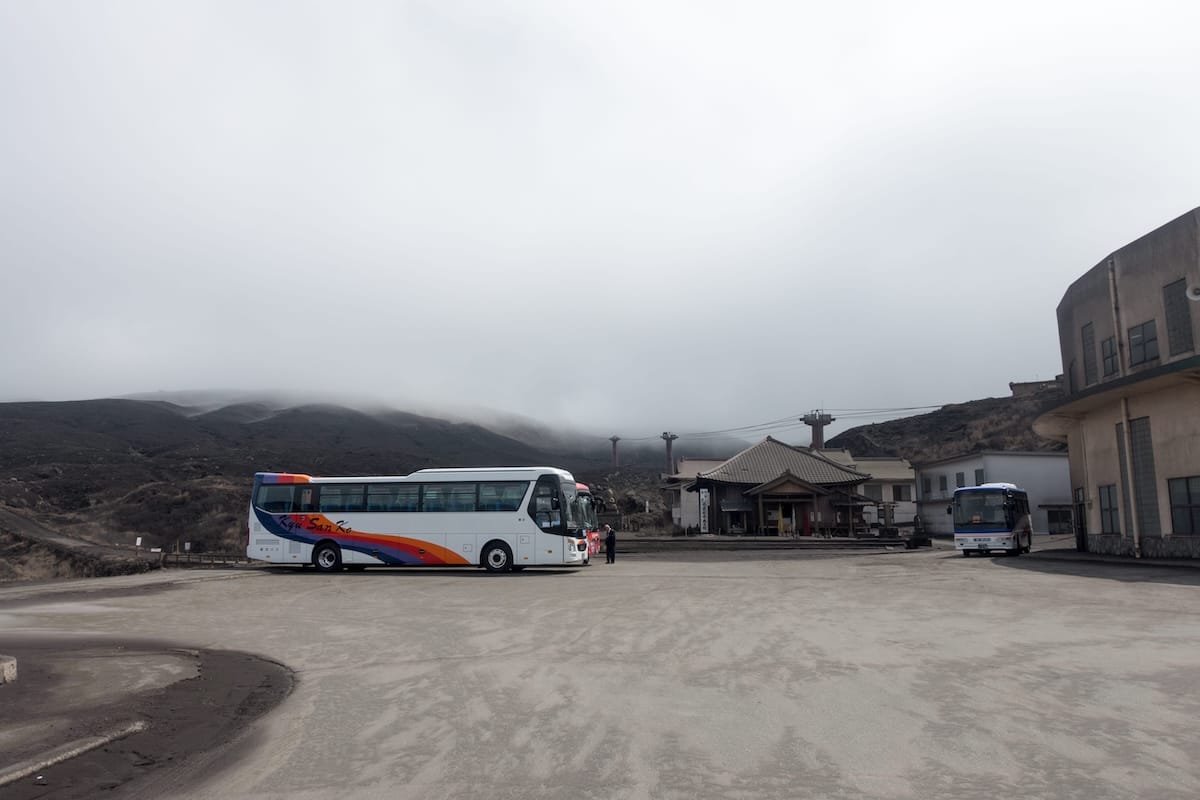 Tour buses and visitors at Mt. Aso