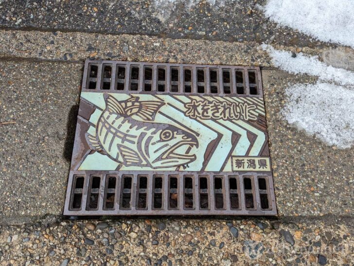 Salmon-themed manhole cover near Idutsuya