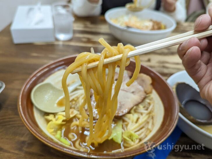 Thick straight noodles that stand up to the powerful broth