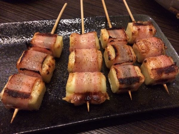 Bacon-wrapped cheese skewer
