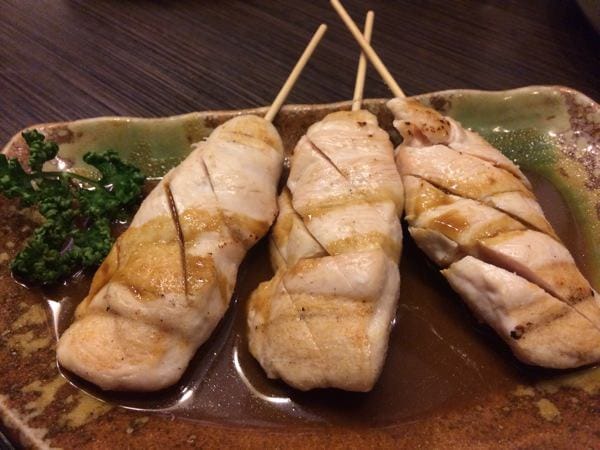 Chicken breast shigi-yaki with rare center and wasabi soy sauce