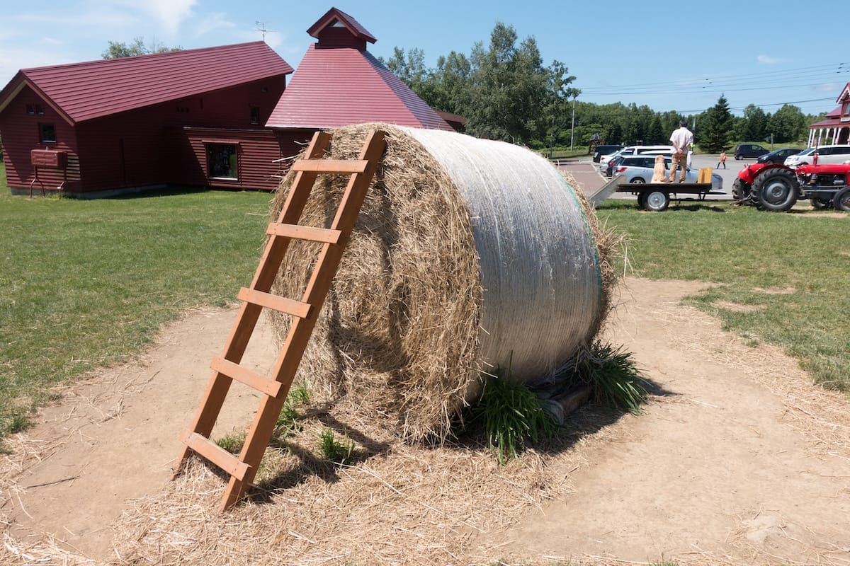 Farm scene with hay bales and Mount Yotei in background