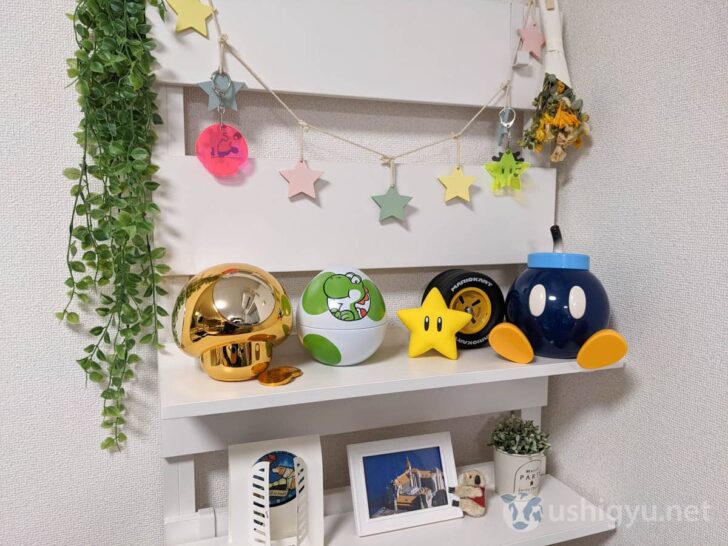 Our shelf displaying the Golden Mushroom and Bob‑omb