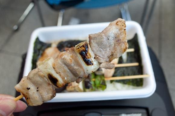 Eating the yakitori bento