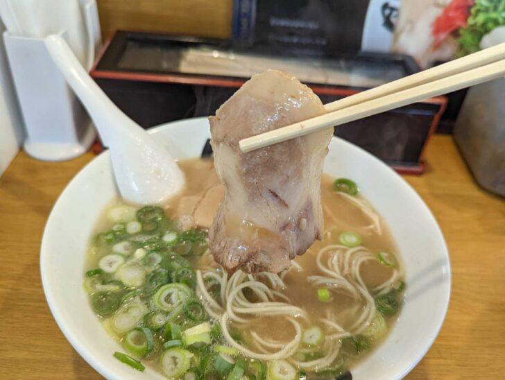 The thin-sliced chashu is well-infused with soy sauce tare flavor