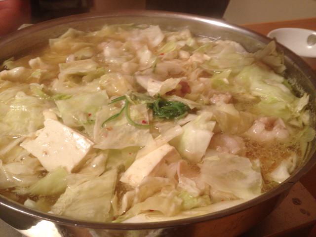 Simmered vegetables in motsu nabe
