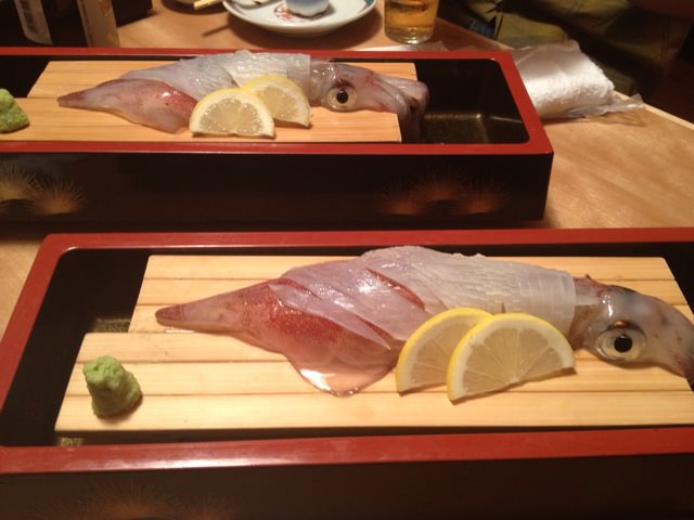 Live squid sashimi with translucent, moving body