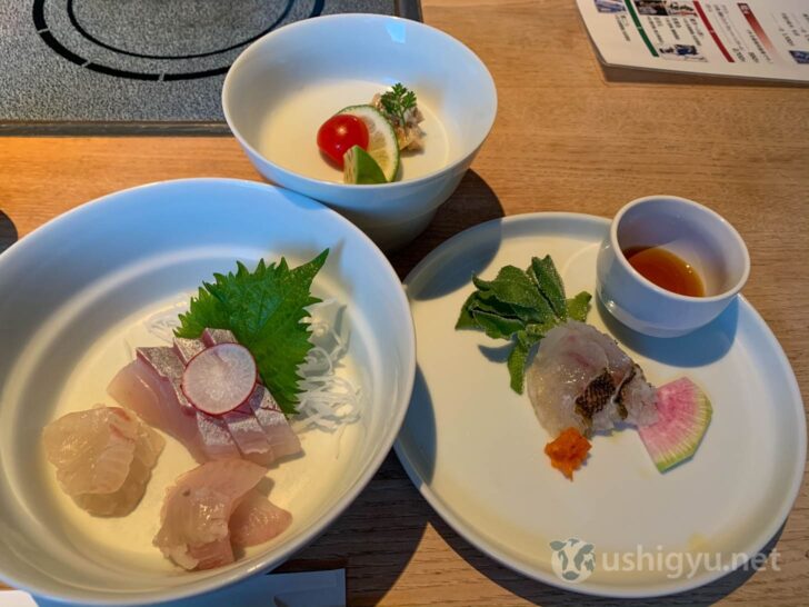Seasonal small dishes and live fish sashimi