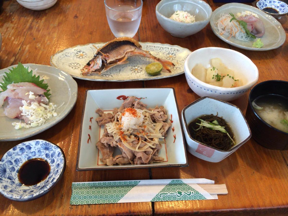 Dinner spread at Minshuku Tomizato