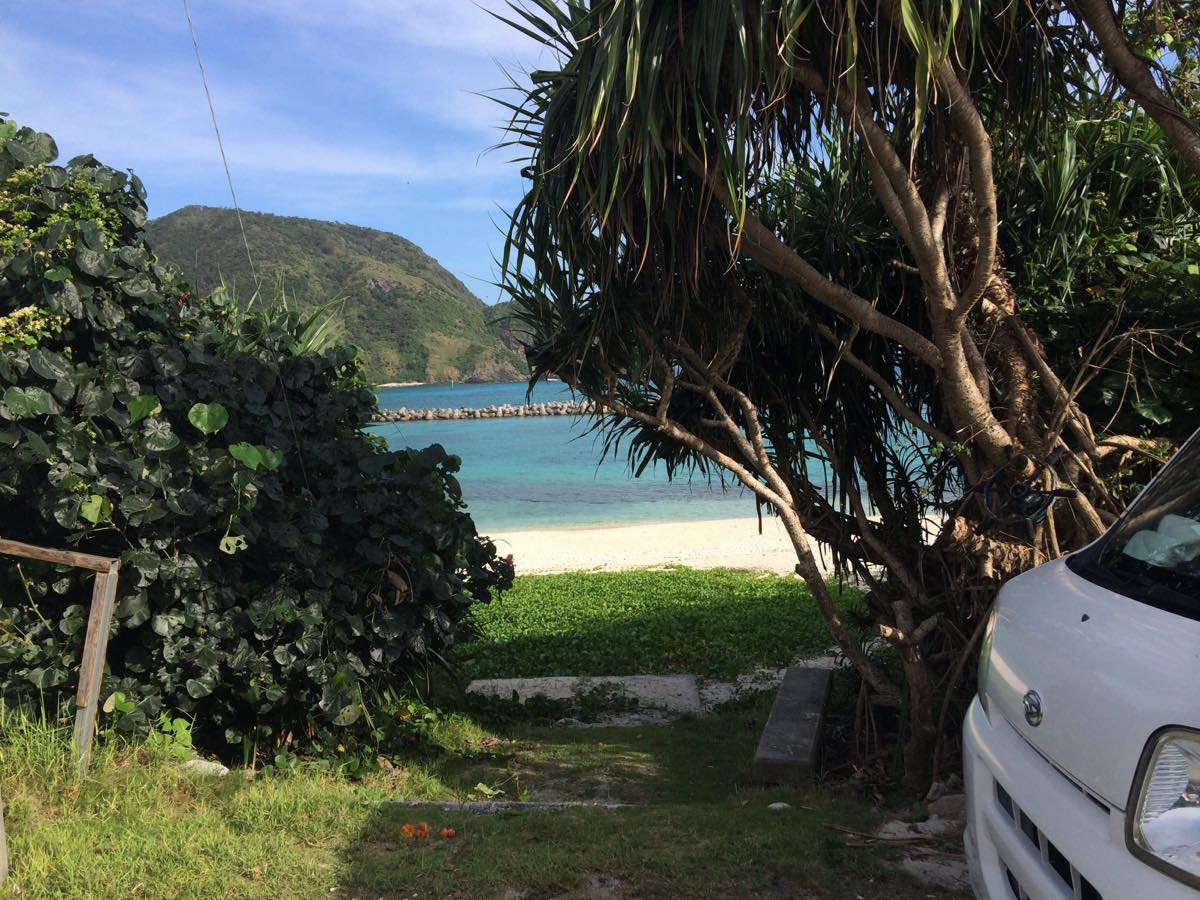 Emerald ocean view through trees on Akajima