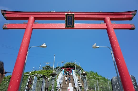 Shrine steps flanked by gulls
