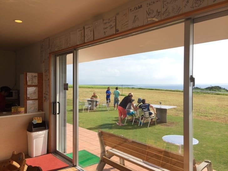 Outdoor seating area with celebrity signatures