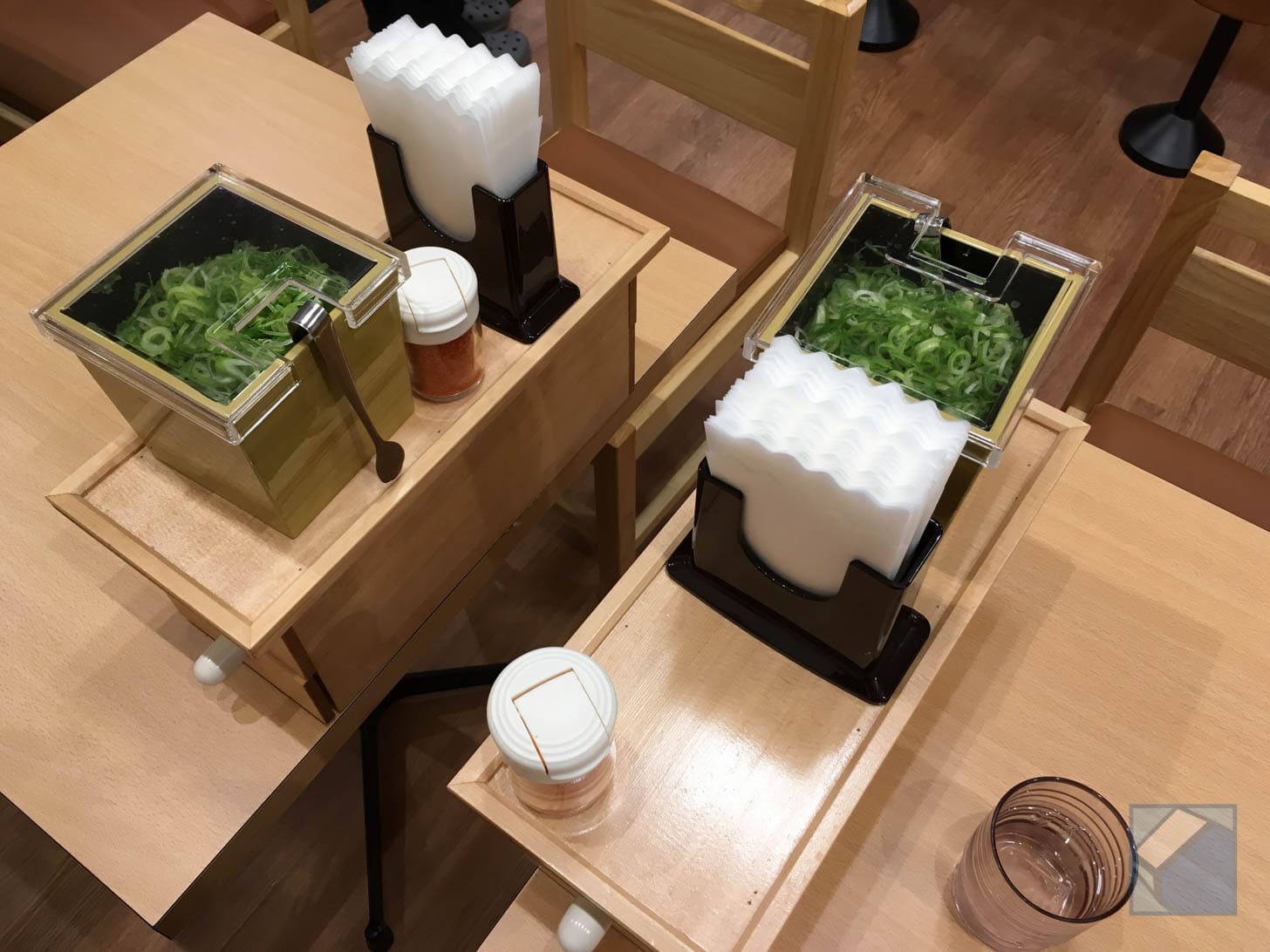 Green onions and condiments on table